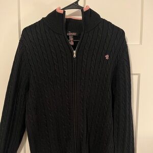 Lauren Ralph Lauren Cable Knit Full Zip Sweater L Black Pink 100% Cotton NWOT